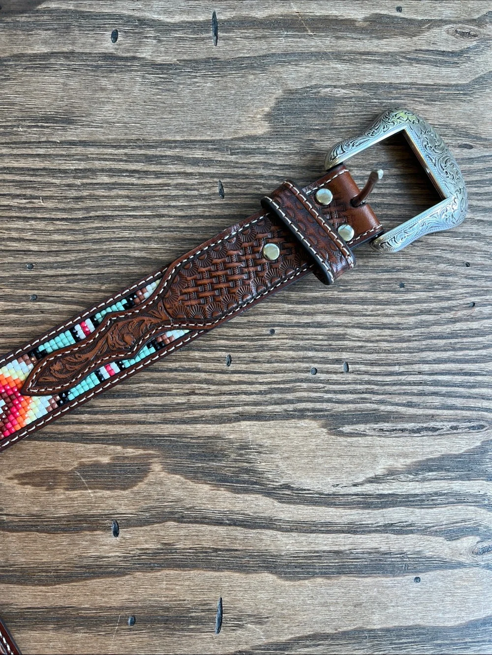 Nocona Brown tooled Leather with Colorful Beaded design southwest western 42